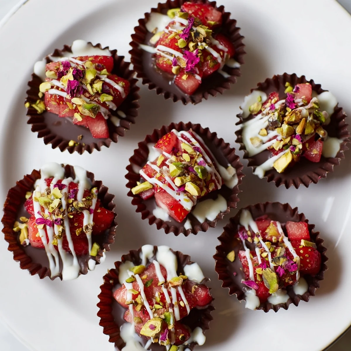 Decadent Dubai chocolate covered strawberry cups garnished with edible gold and crunchy nuts