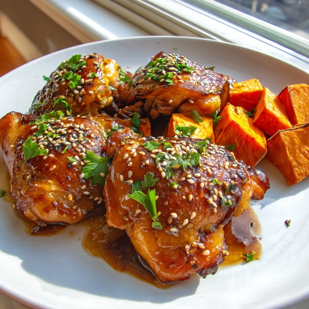 Tender honey garlic chicken thighs served with crispy seasoned sweet potatoes on a white baking sheet