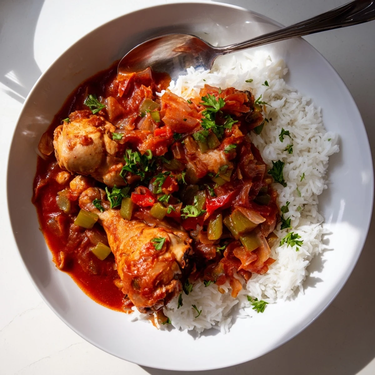 Golden brown chicken thighs simmered in rich tomato gravy with colorful vegetables over fluffy white rice