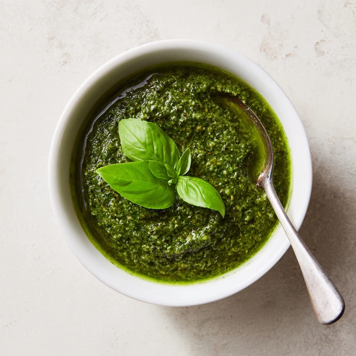 Creamy Thai basil pesto sauce drizzled over steaming rice noodles with crushed cashew sprinkles.