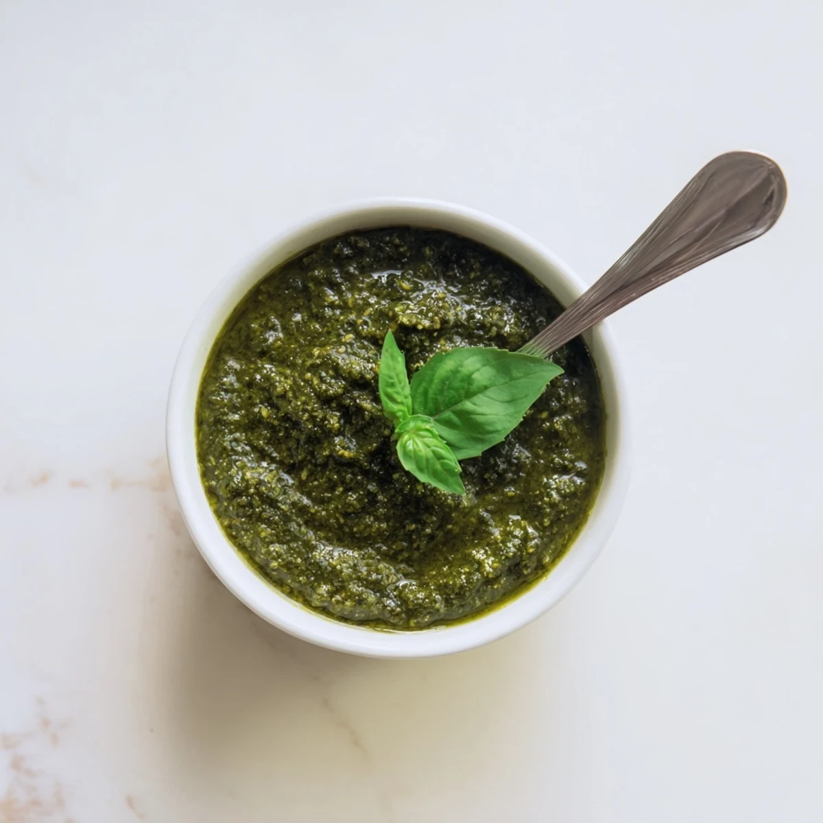 Vibrant green Thai basil pesto swirled in a glass bowl, garnished with fresh basil leaves.