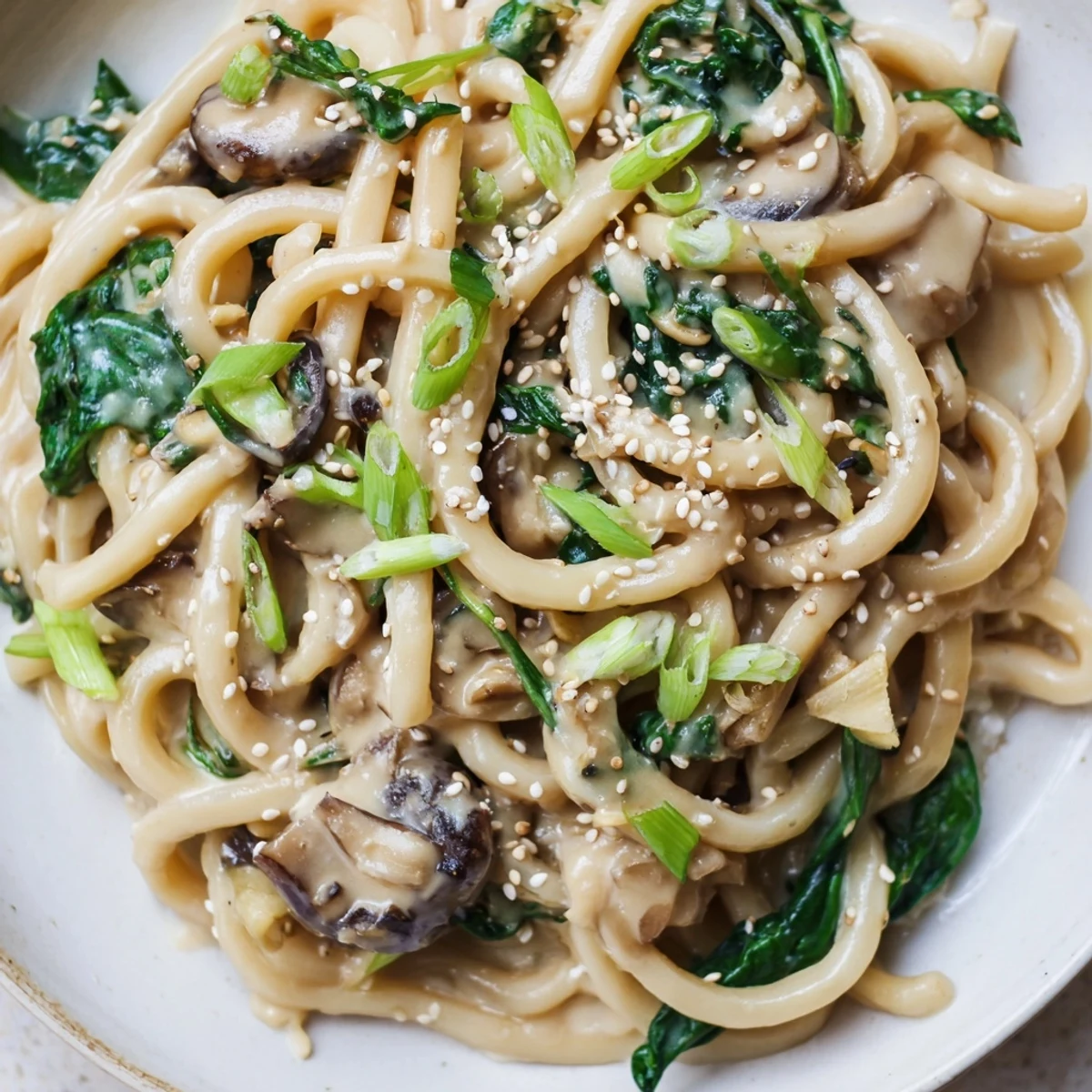 Thick udon noodles coated in savory miso cream sauce with tender shiitake mushrooms and wilted spinach garnished with green onions and sesame seeds