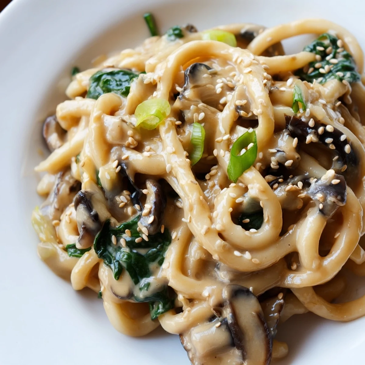 Steaming bowl of creamy miso udon featuring rich white miso cream sauce and vegetables topped with fresh green onions and toasted sesame seeds