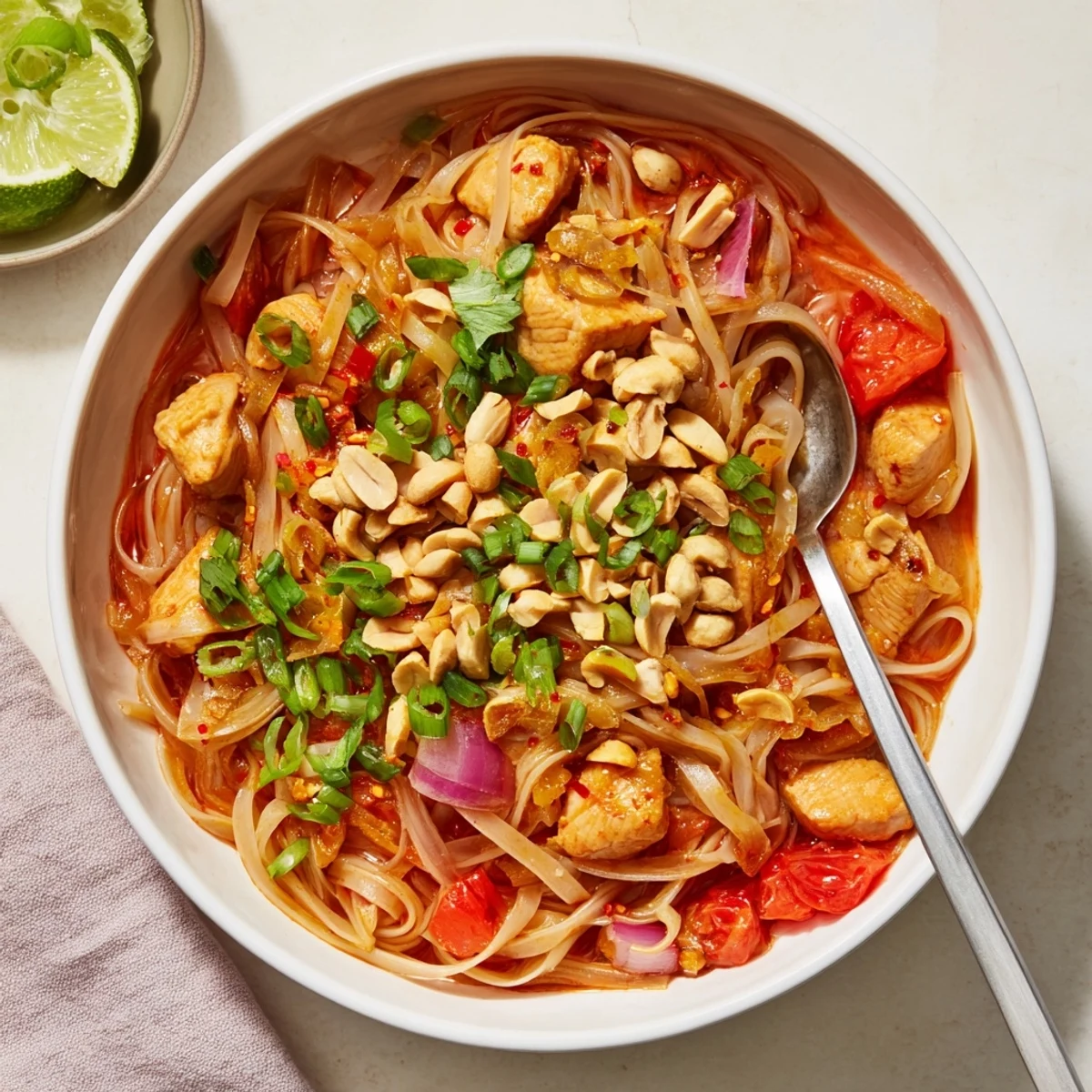 Golden bowl of Shan noodles topped with savory chicken, crisp peanuts, and fresh cilantro garnish