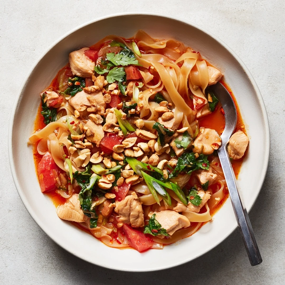 Comforting Shan noodles featuring tender rice noodles swimming in rich tomato chicken sauce with lime