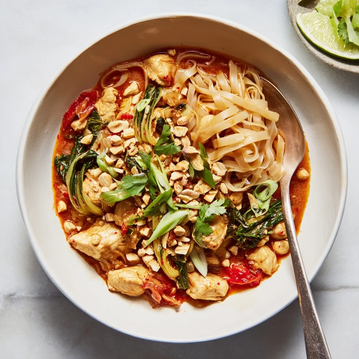 Steaming Shan noodles with pickled mustard greens, roasted peanuts, and aromatic chicken tomato sauce