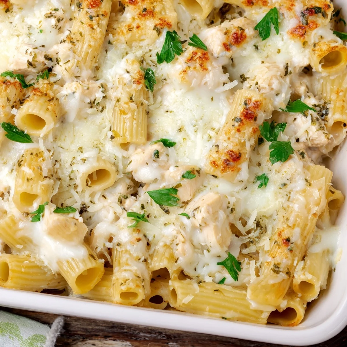 Golden bubbly Cheesy Garlic Chicken Rigatoni Casserole fresh from the oven with melted cheese topping