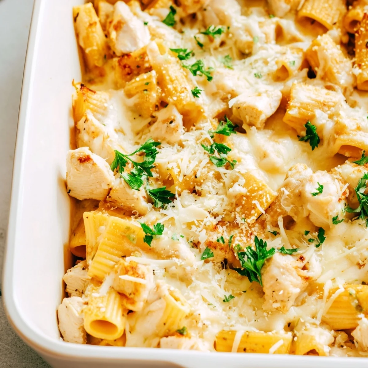 Hearty chicken rigatoni casserole with bubbling mozzarella cheddar and parmesan cheese baked to golden perfection