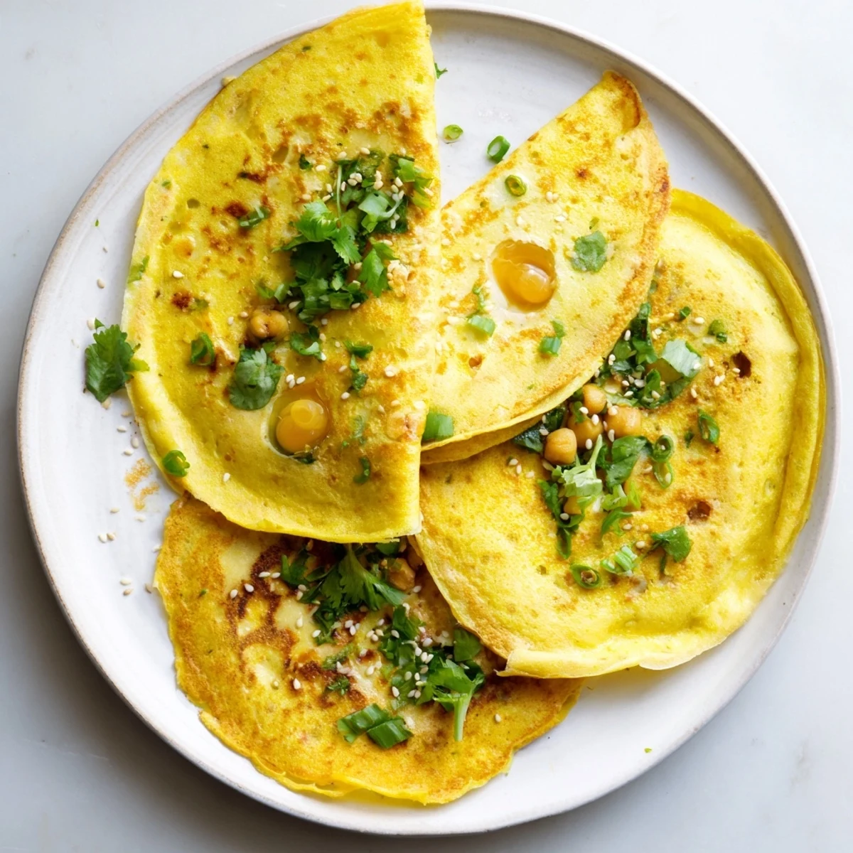Golden Mont Lin Ma Yar pancakes with quail eggs and fresh herbs served in pairs