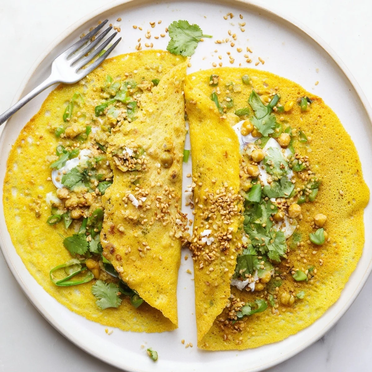Turmeric-spiced Mont Lin Ma Yar rice pancakes topped with cilantro and coconut served hot