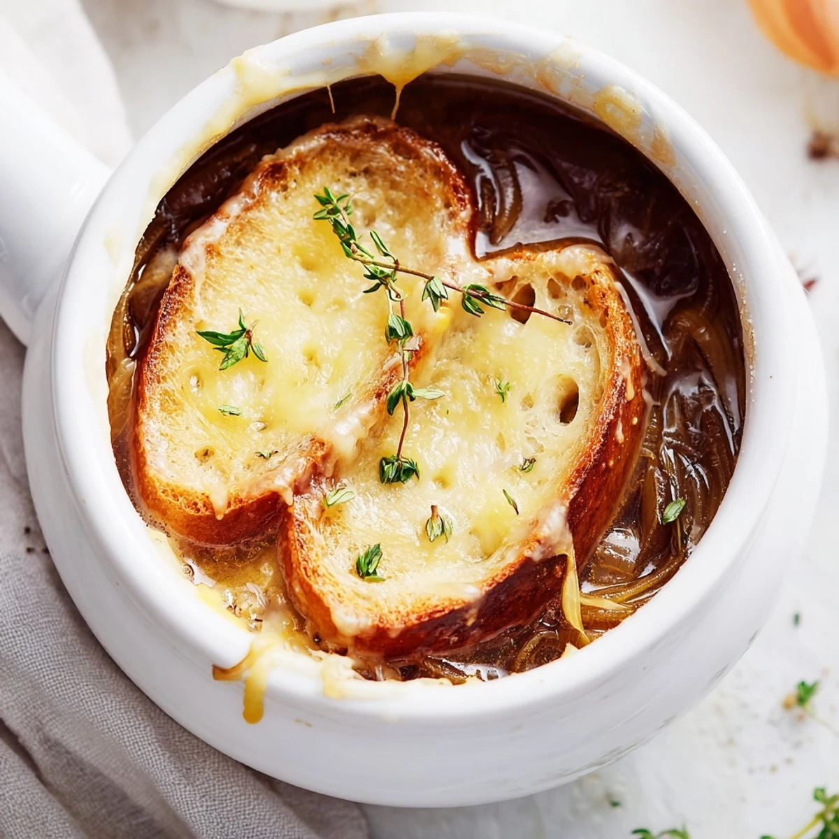 Golden brown Slow Cooker French Onion Soup topped with melted Gruyère and crispy baguette rounds