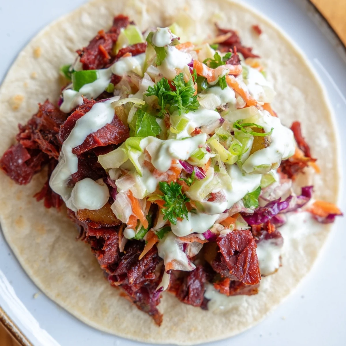 Flour tortillas wrapped around savory Irish-Mexican fusion with corned beef and fresh vegetable toppings