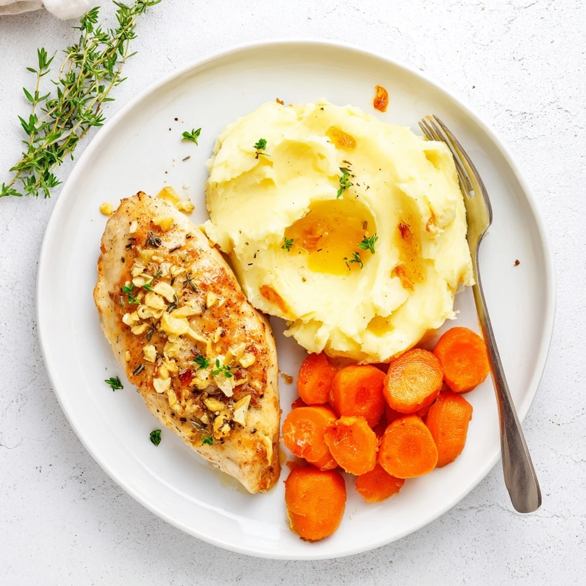 Golden brown garlic herb chicken breast resting on creamy mashed potatoes with glazed carrots