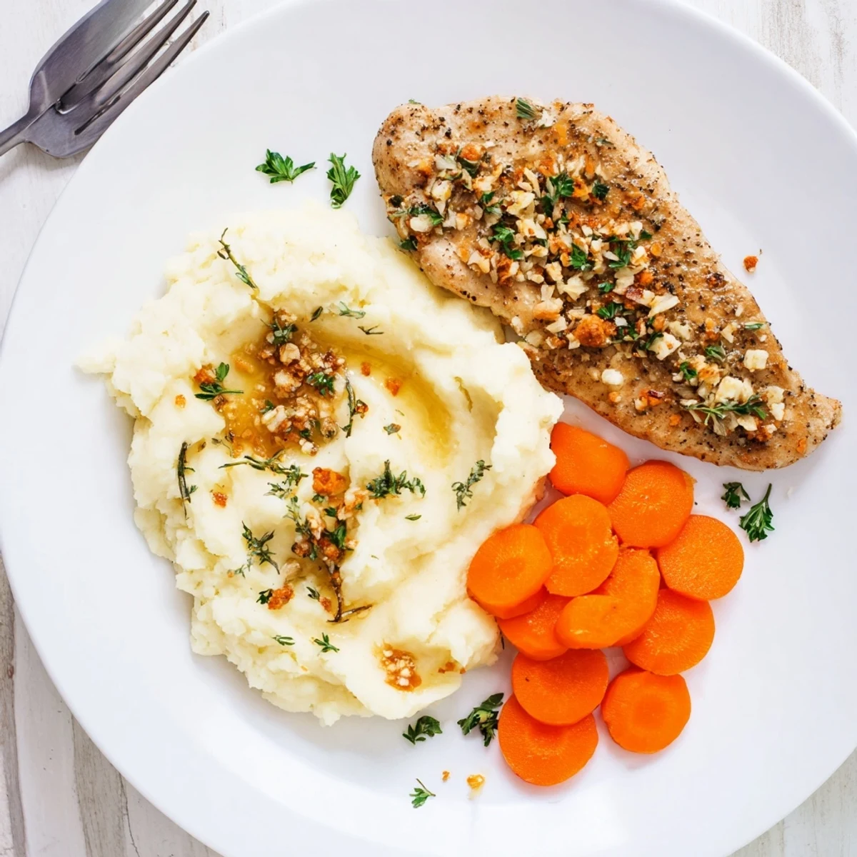 Sliced garlic herb chicken with velvety mashed potatoes and shiny honey glazed carrots
