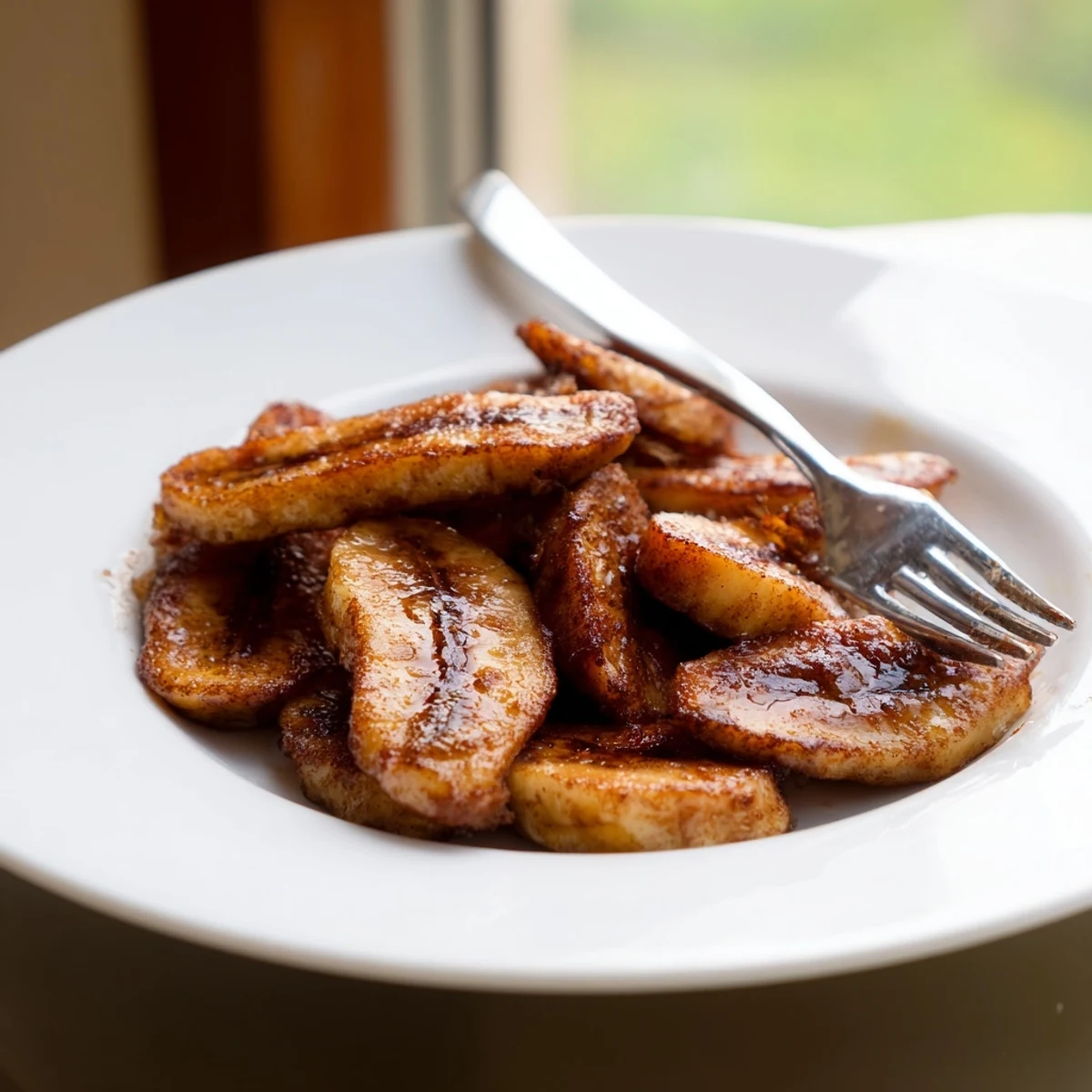Golden pan fried cinnamon bananas sizzling in a skillet with caramelized edges