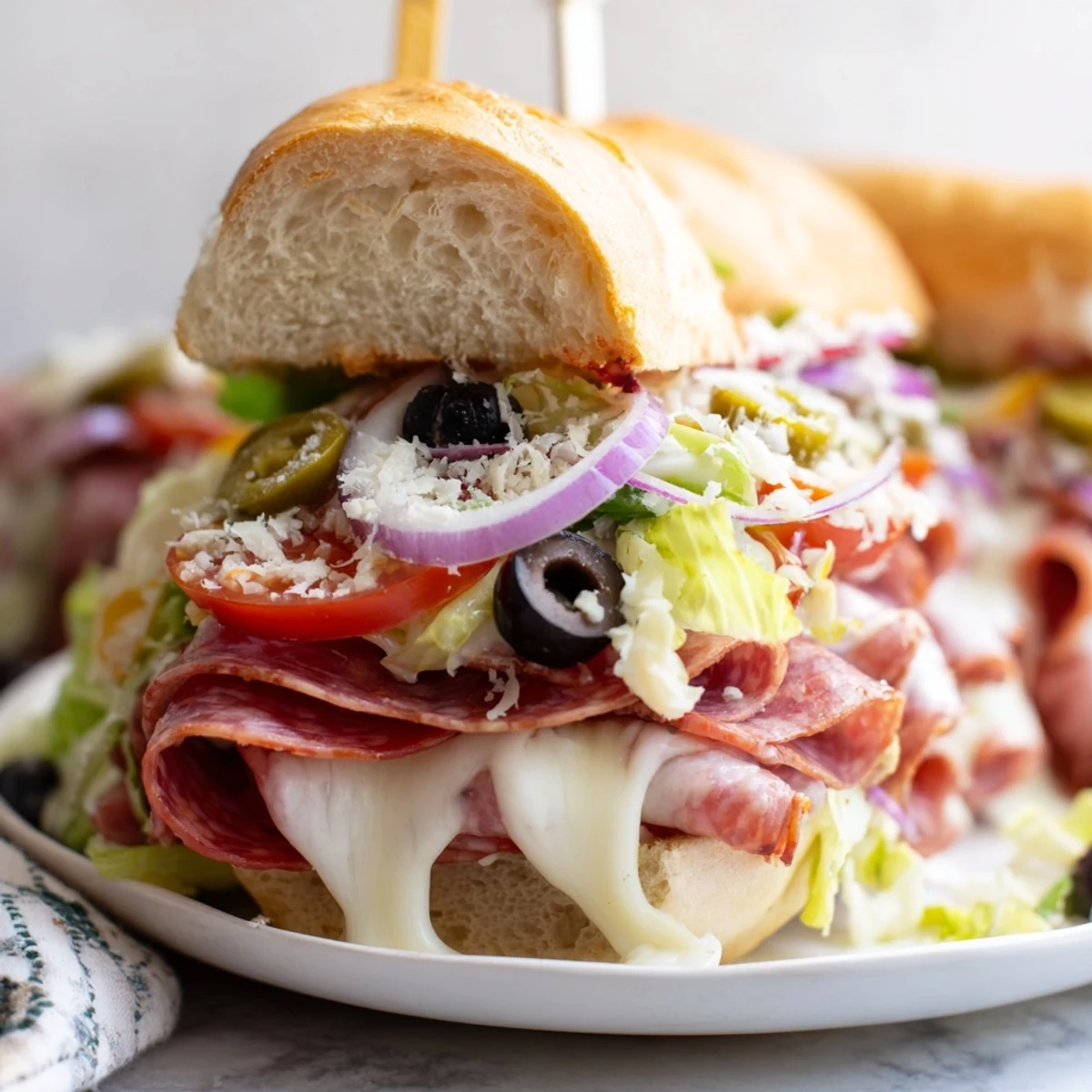 Sliced Italian grinder salad sandwich revealing colorful lettuce pepperoncini tomatoes and melted provolone on toasted hoagie bread