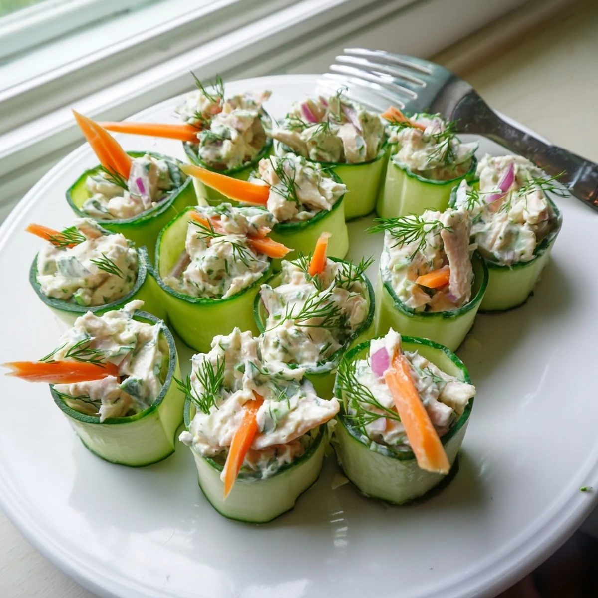 Creamy chicken salad rolled inside crisp cucumber ribbons for a refreshing low-carb appetizer