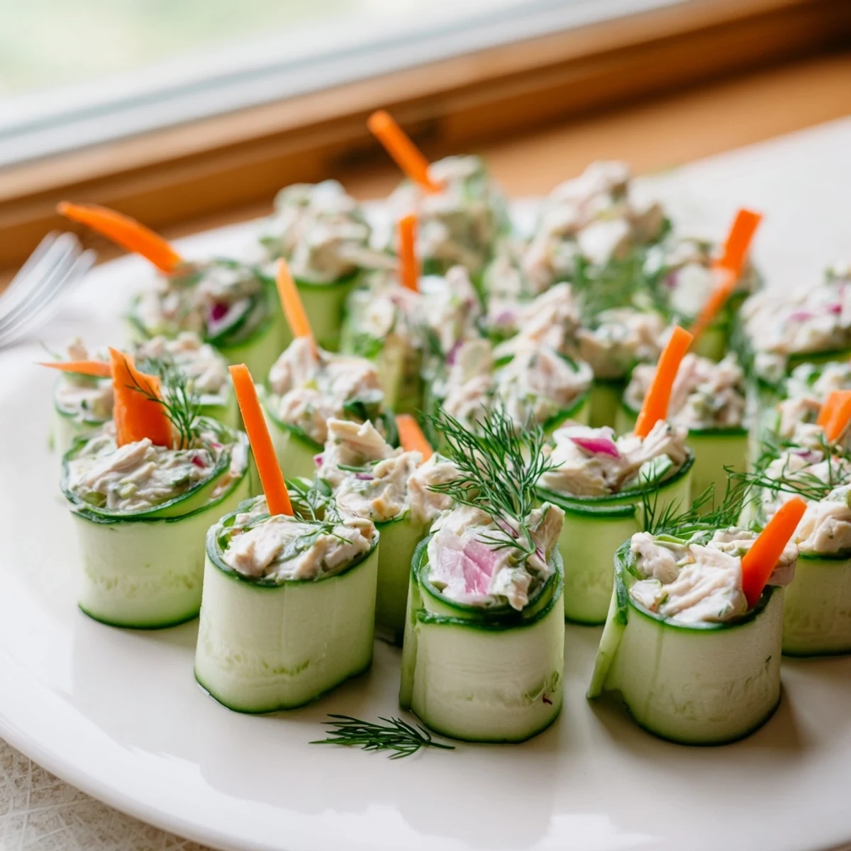 Light and healthy chicken salad cucumber roll ups served on a platter for easy entertaining