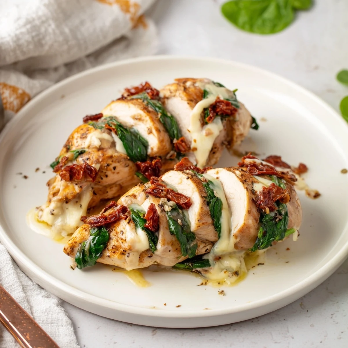 Golden Hasselback chicken breast stuffed with melted mozzarella, spinach, and sundried tomatoes