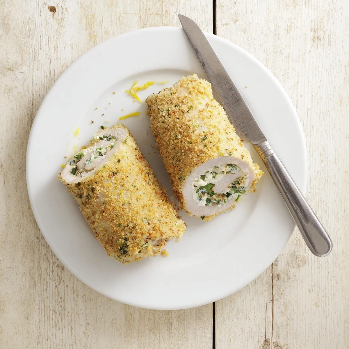 Golden brown herbed ricotta stuffed chicken rolls with crispy breadcrumb topping on white plate