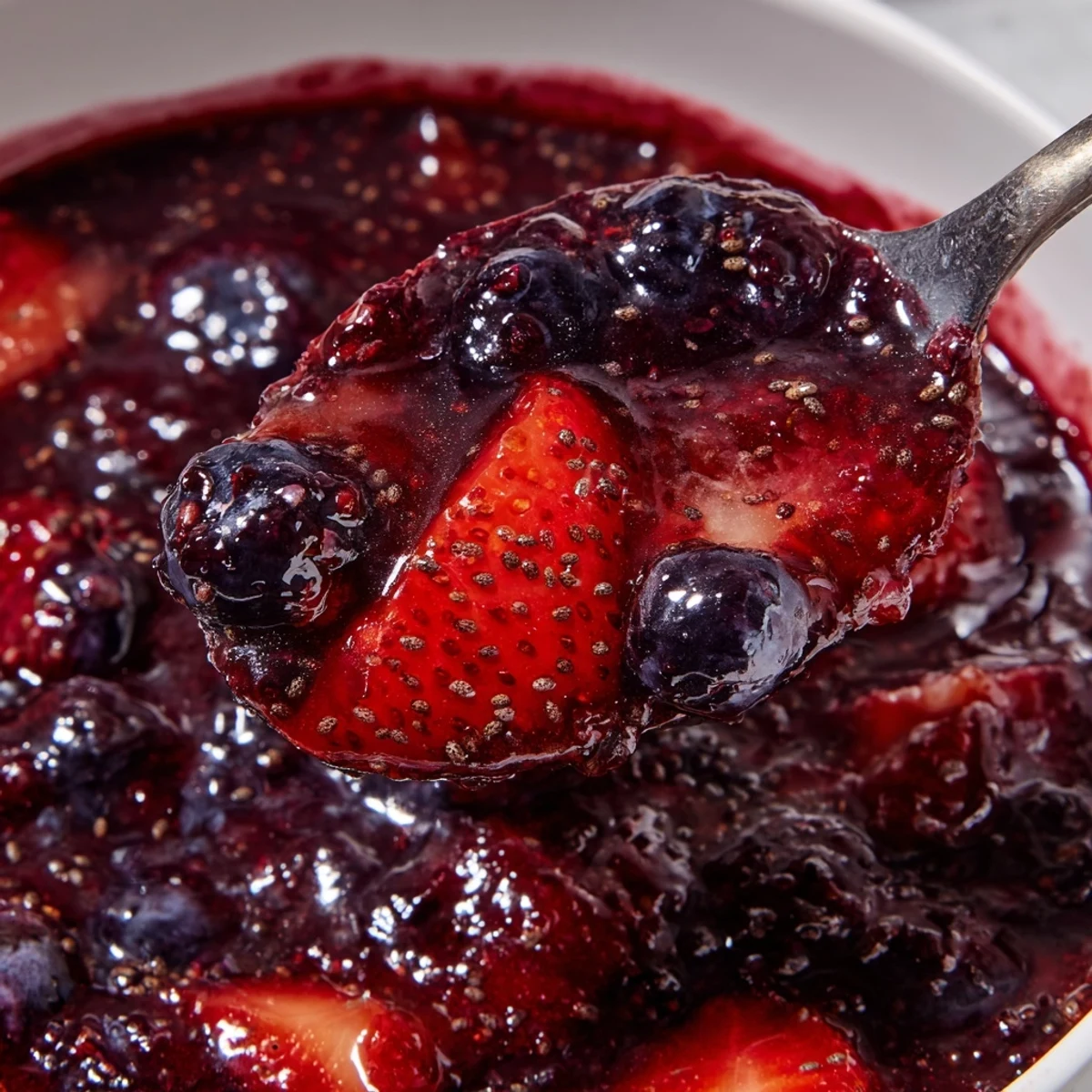 Spoonful of naturally sweetened mixed berry jam with chia seeds, thick and glossy