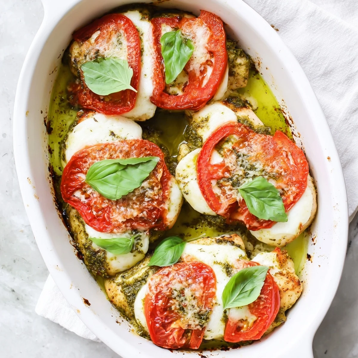 Golden baked pesto caprese chicken featuring bubbling mozzarella and juicy tomato slices atop tender seasoned chicken breasts