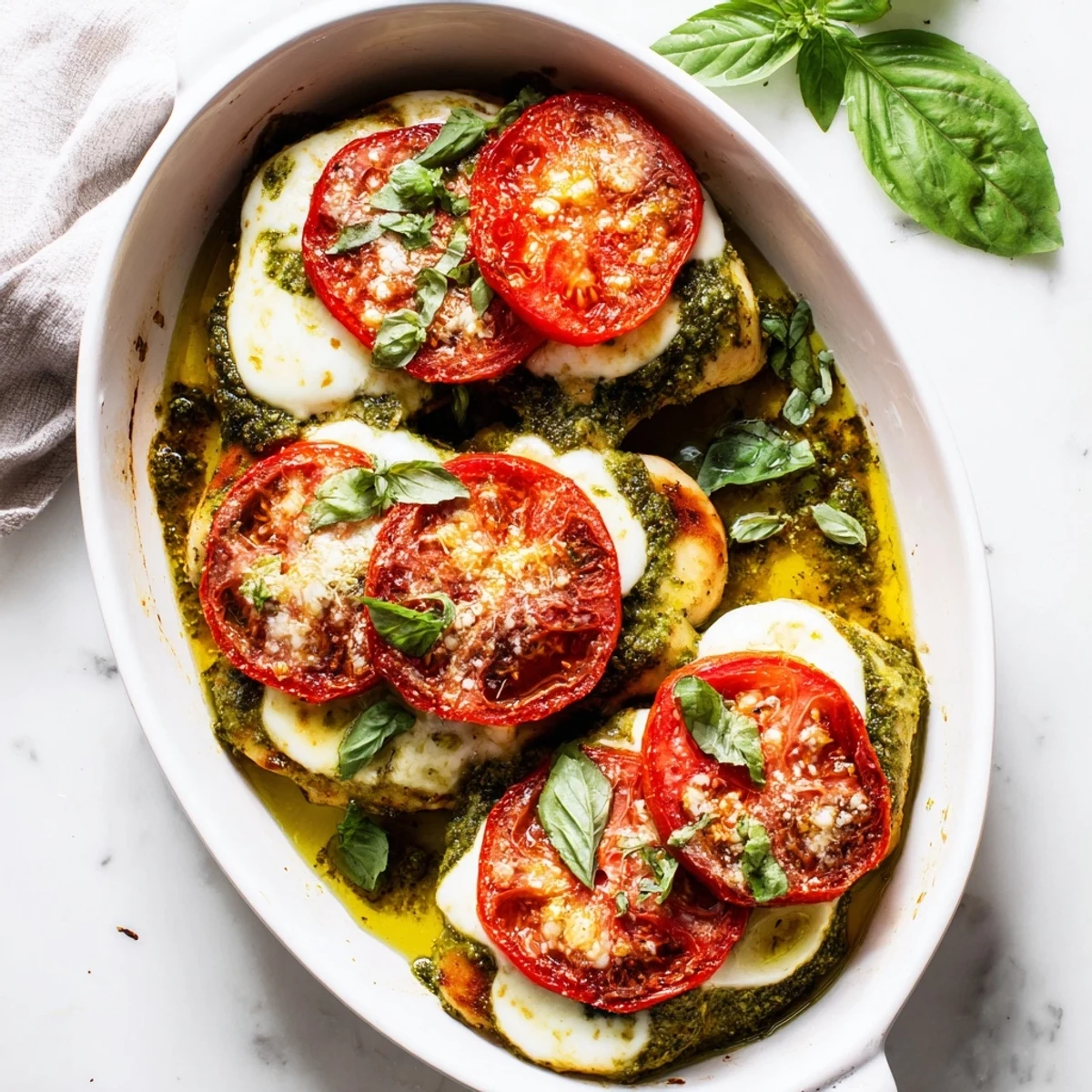 Oven-baked chicken breasts layered with vibrant green pesto, ripe red tomatoes, and melted mozzarella cheese garnished with fresh basil