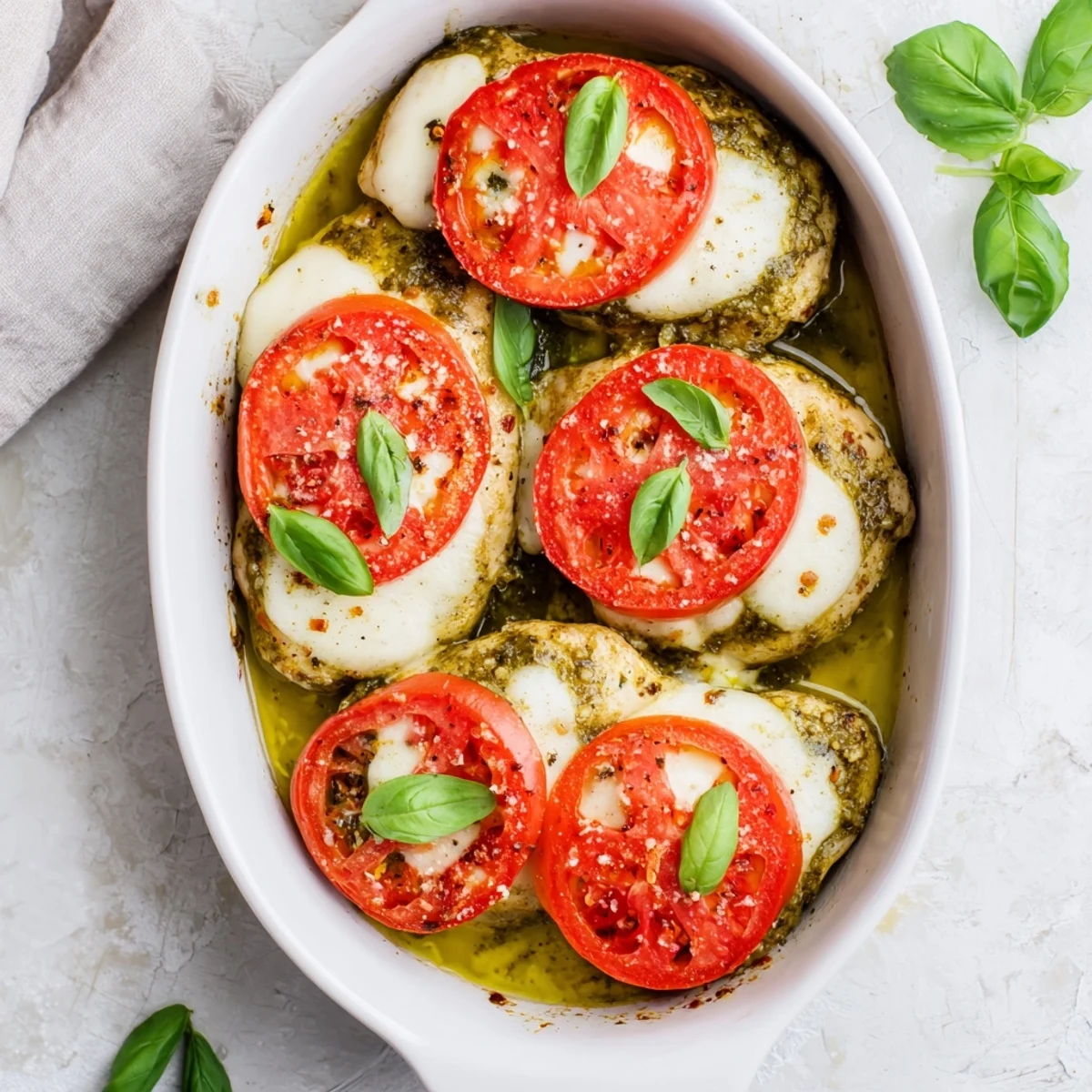 Gluten-free baked pesto caprese chicken dish with golden bubbling cheese topping served on a white plate with basil sprinkles