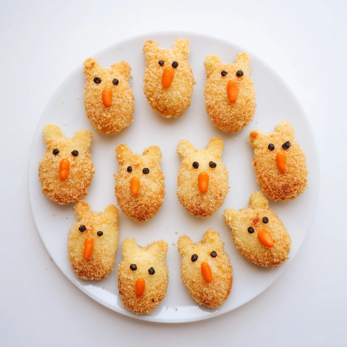 Golden Easter Bunny Potato Croquettes with almond ears and carrot noses arranged on white serving platter