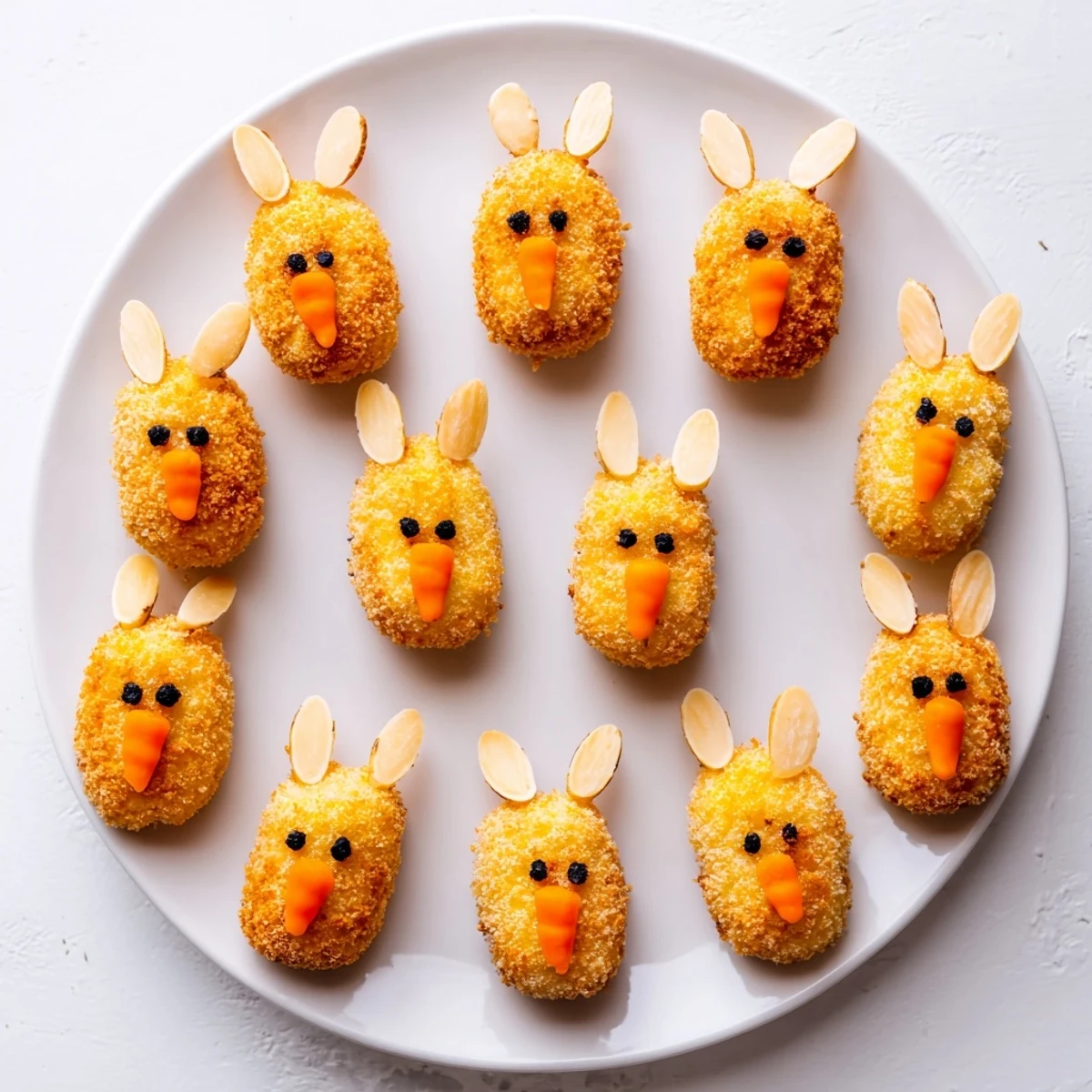 Crispy fried potato croquettes shaped like bunnies featuring peppercorn eyes and panko coating for festive spring appetizer