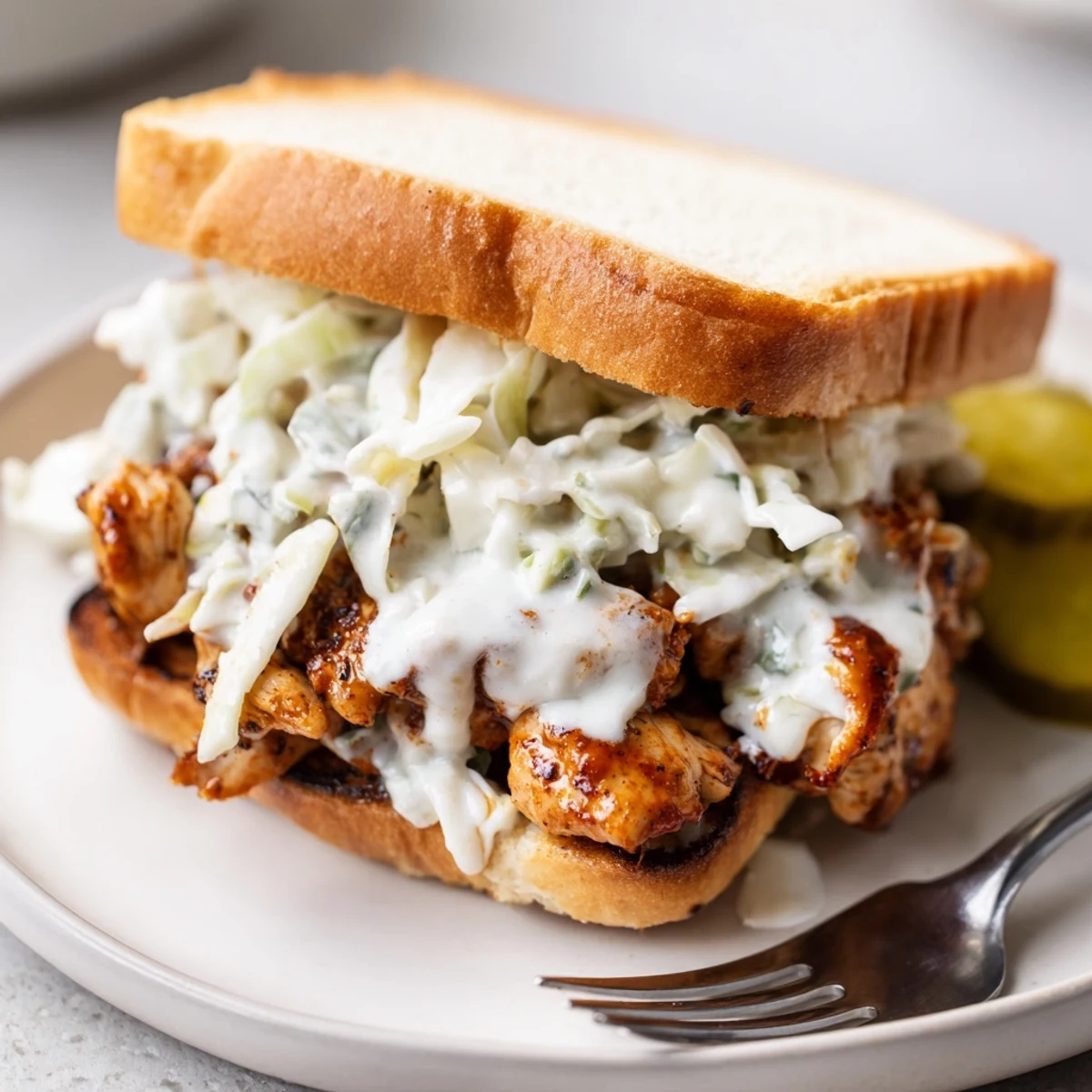 Alabama BBQ Chicken Chopped Sandwich featuring saucy smoked chicken piled on toasted bun with crisp cabbage slaw