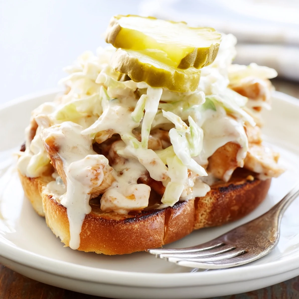 Southern-style Alabama BBQ Chicken Chopped Sandwich with creamy white sauce, fresh slaw and golden toasted brioche bun