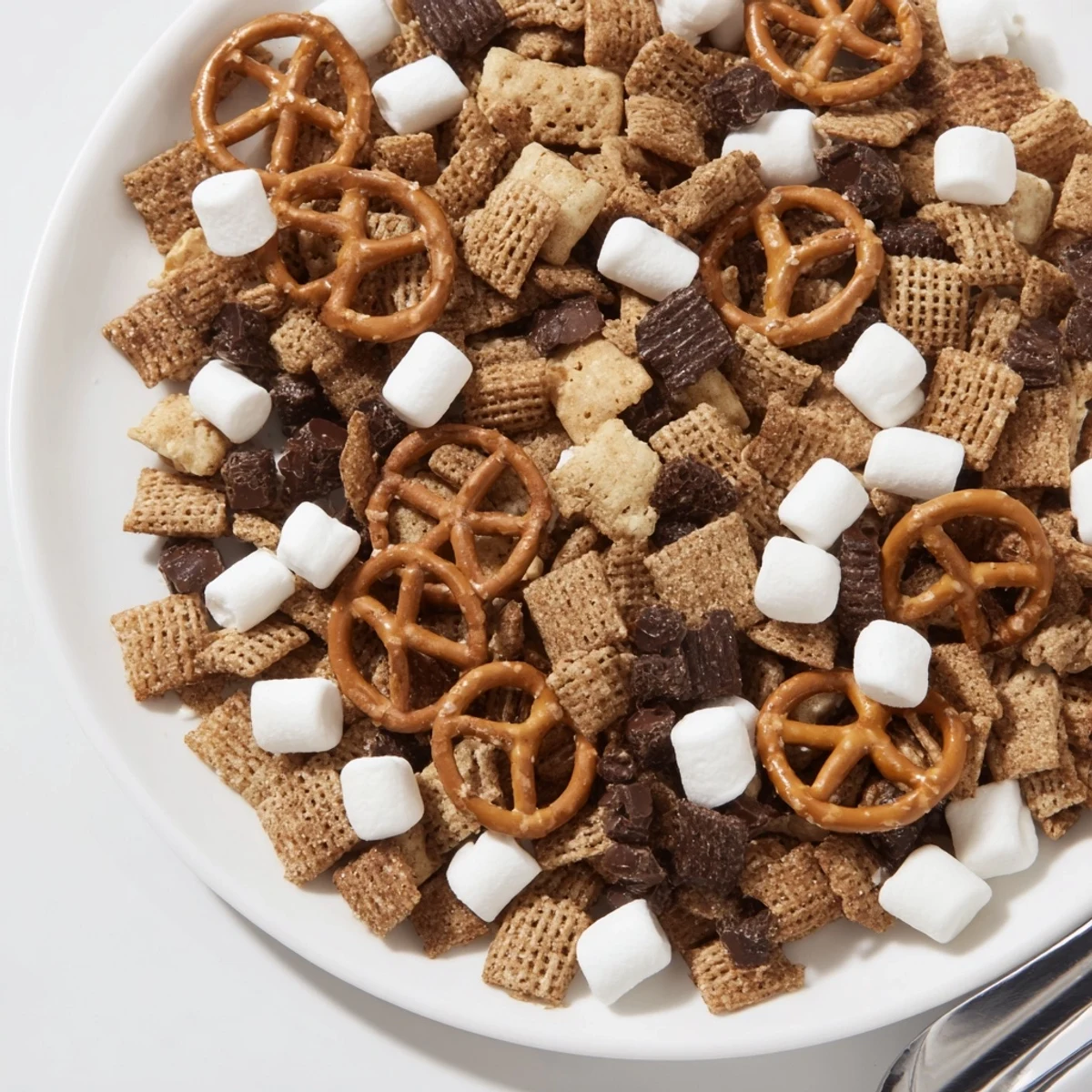 Golden bowl piled high with chocolatey s'mores snack mix featuring graham cereal and marshmallows
