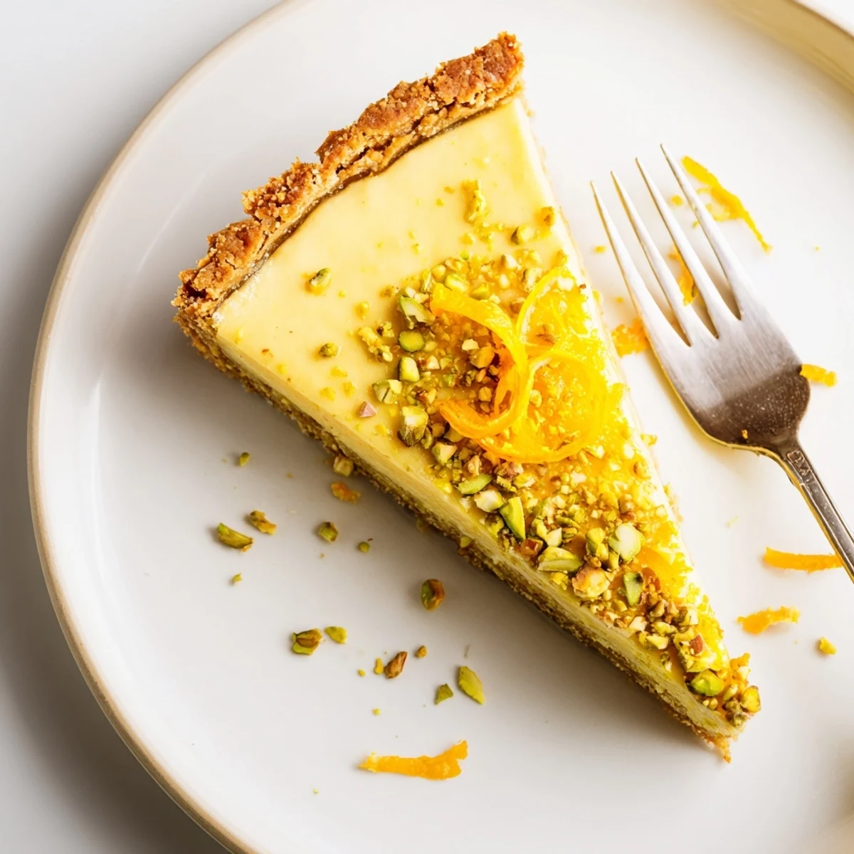 Slice of orange cardamom tart showcasing vibrant citrus custard and nutty pistachio pastry base