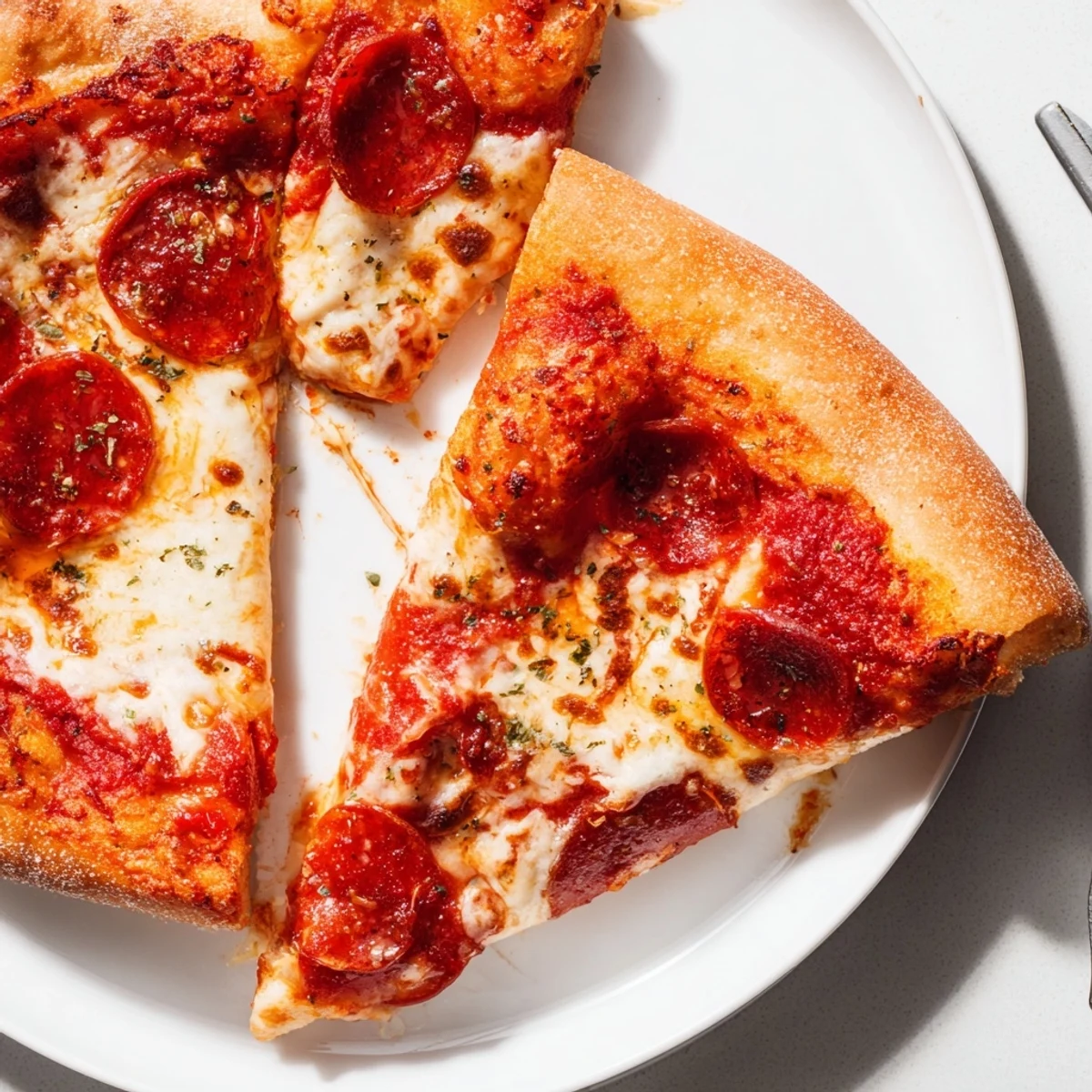 Golden pan pizza with thick crispy crust and bubbling mozzarella cheese topping