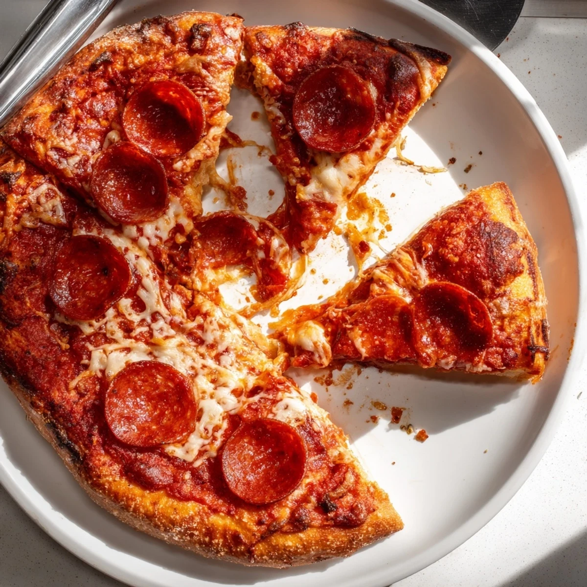 Homemade pan pizza featuring pepperoni slices on chewy golden brown crust