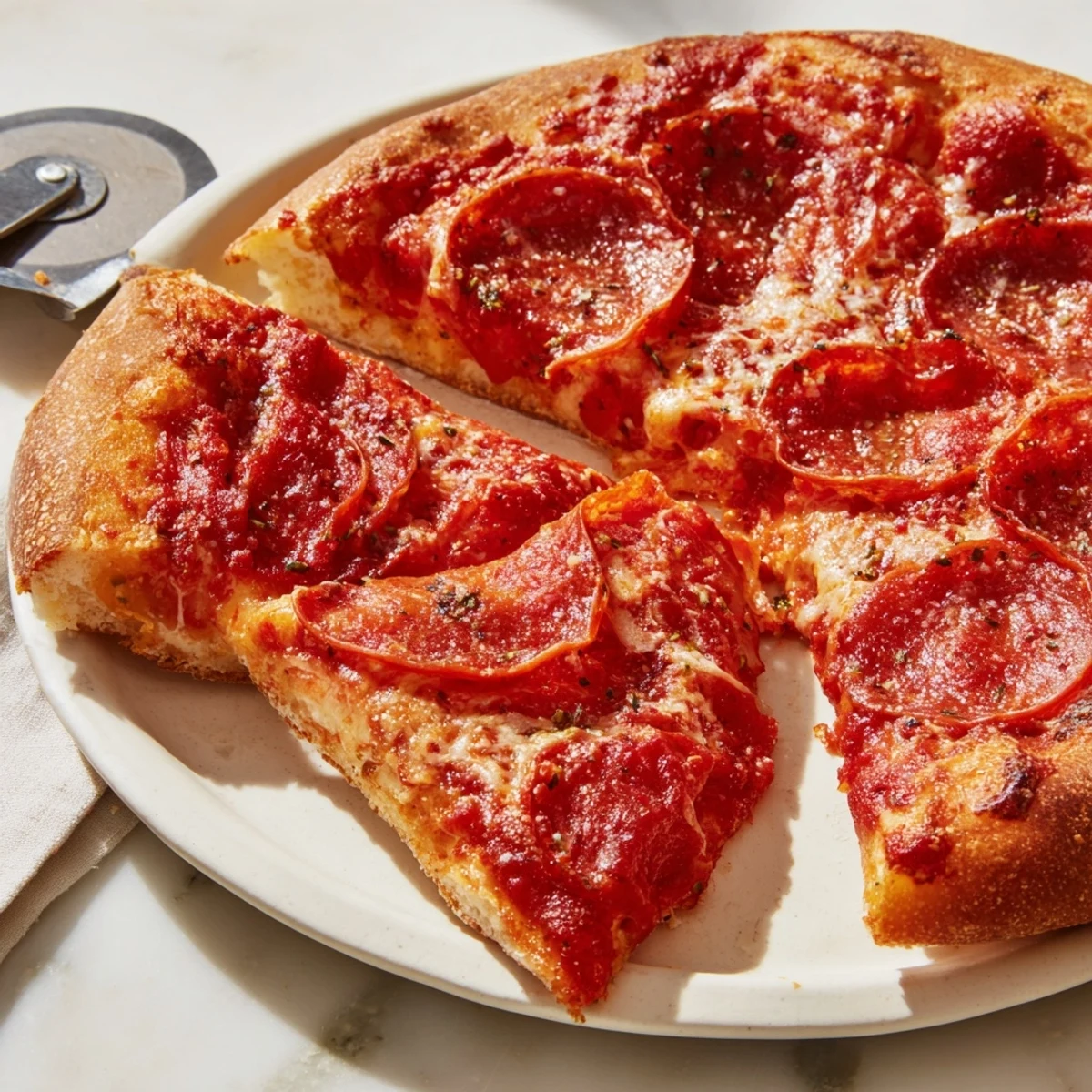 Thick crust pan pizza with melted cheese and crispy pepperoni slices