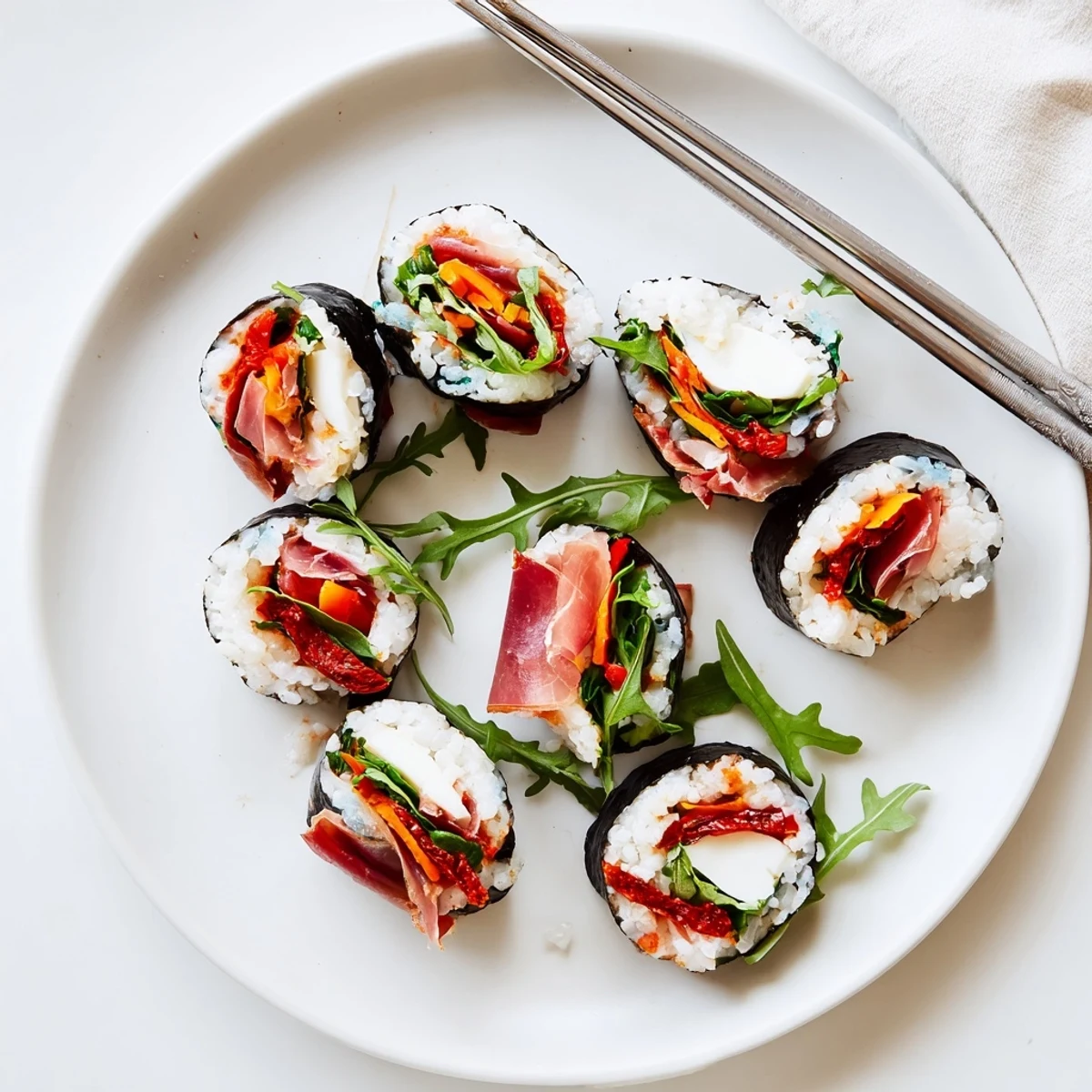 Close-up of Italian sushi fusion dish with roasted red peppers, sun-dried tomatoes, and arugula topping