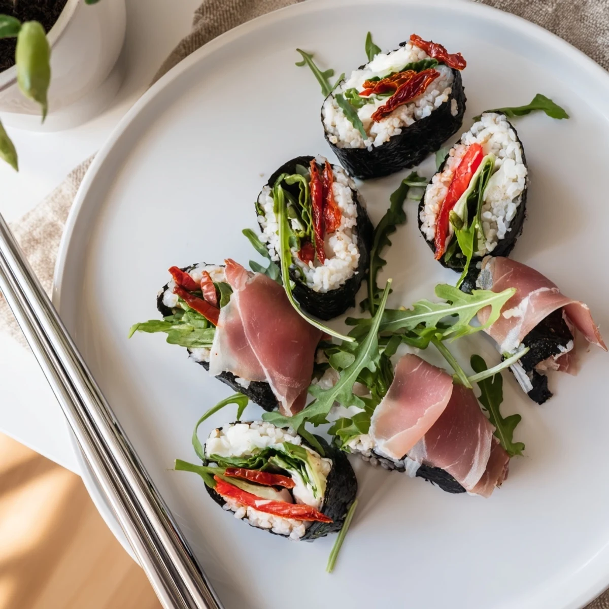 Handheld Italian sushi pieces sliced into rounds showcasing mozzarella, prosciutto, and vibrant vegetable fillings