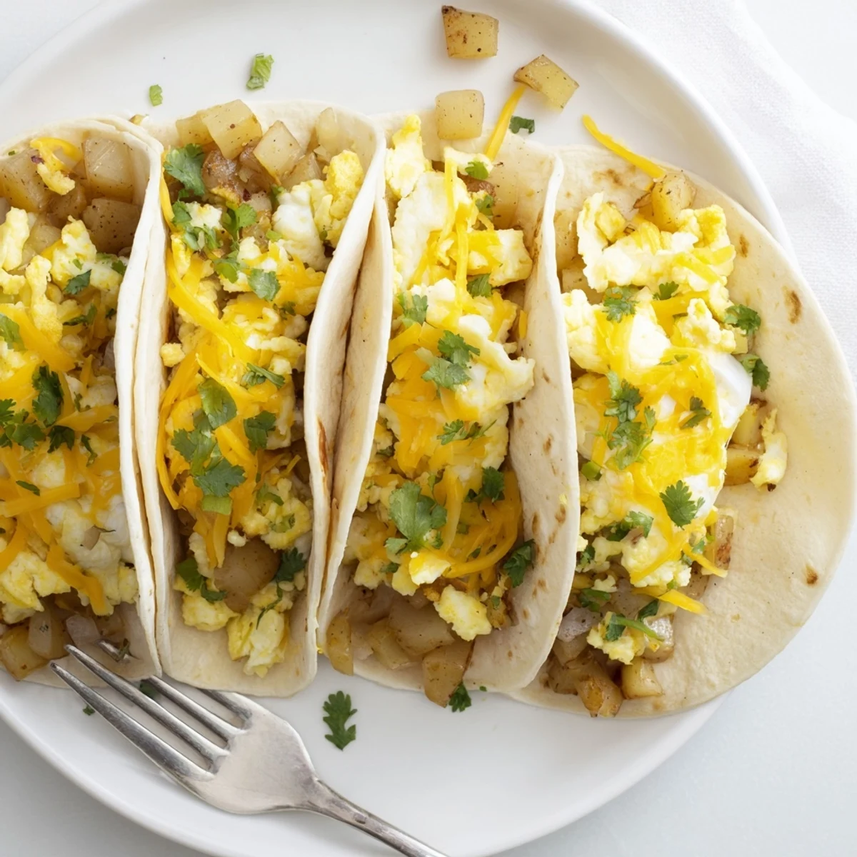 Warm flour tortillas stuffed with crispy potato egg cheese breakfast tacos and fresh cilantro