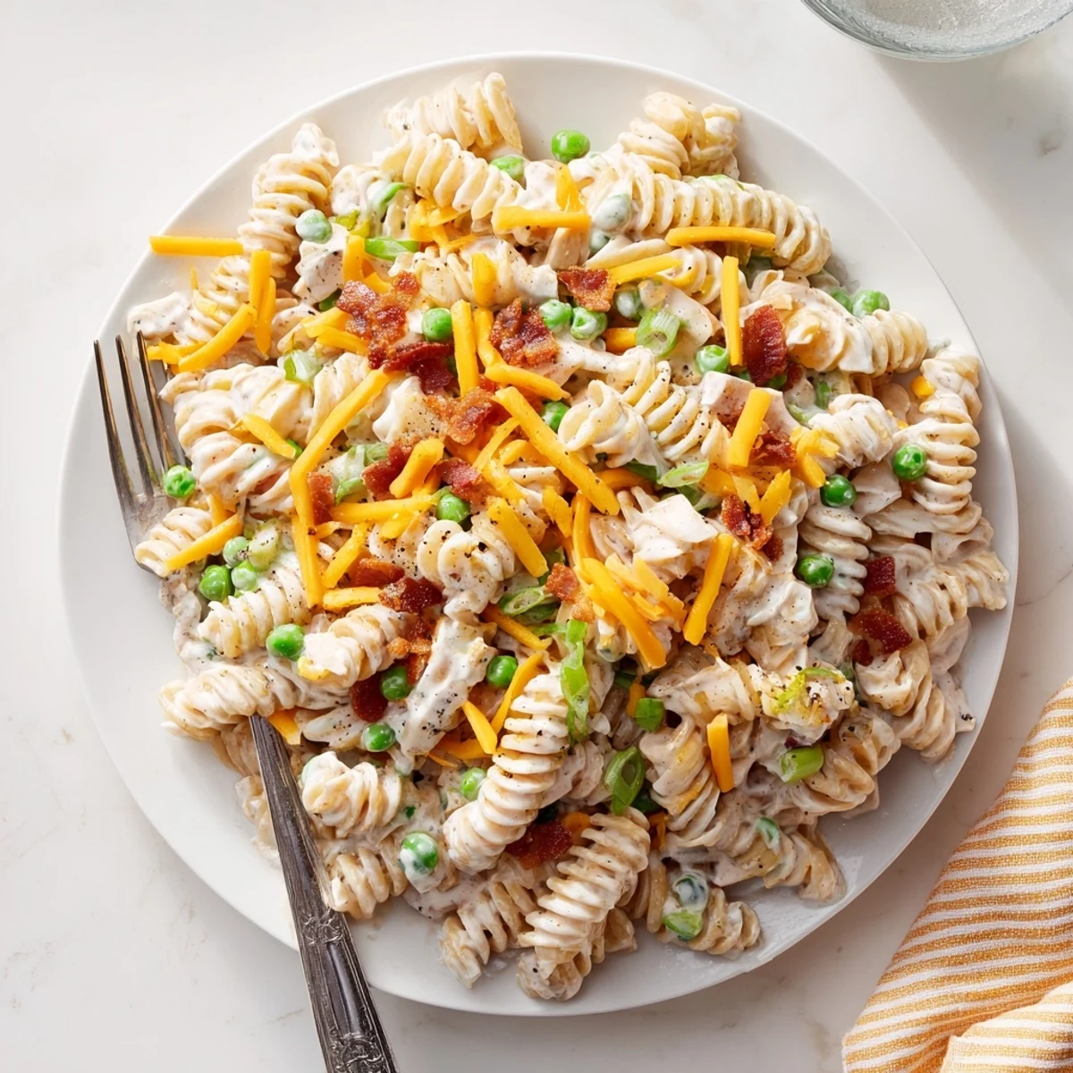 Savory ranch pasta salad loaded with bacon crumbles, cheddar, and sweet peas for potlucks