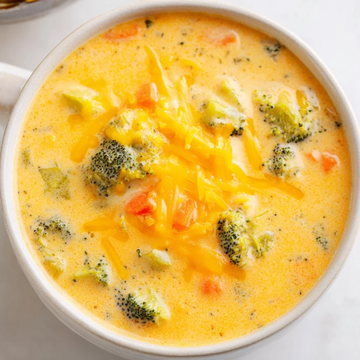 Creamy slow cooker broccoli cheddar soup in a white bowl garnished with shredded cheese