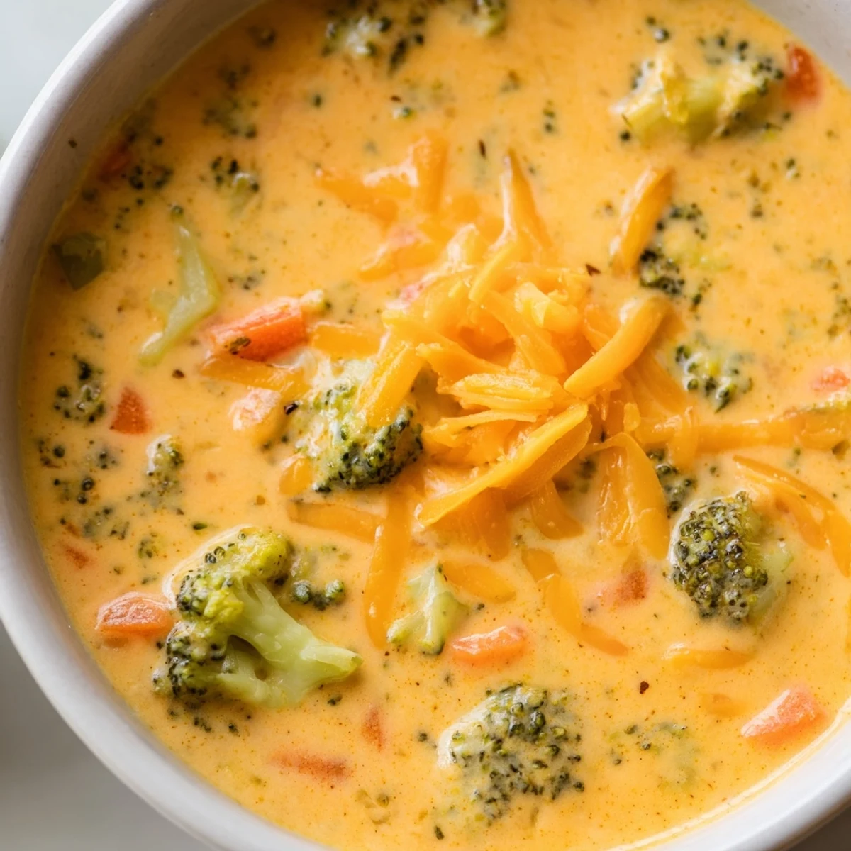 Velvety slow cooker broccoli cheddar soup topped with chives and extra sharp cheddar