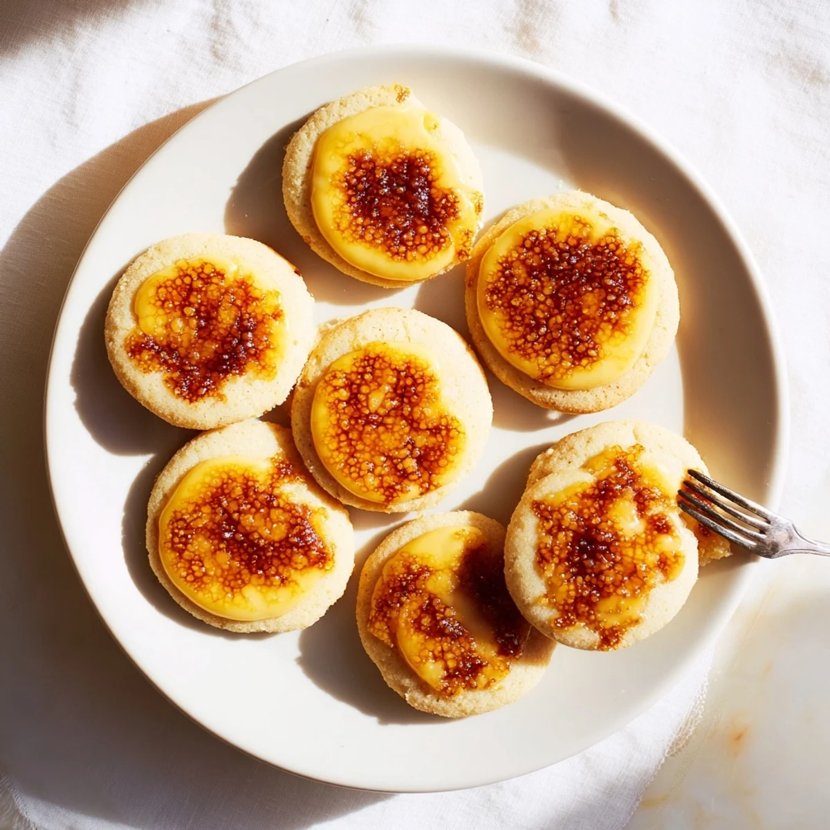 Golden crème brûlée shortbread cookies with crackled caramelized sugar tops on a white plate