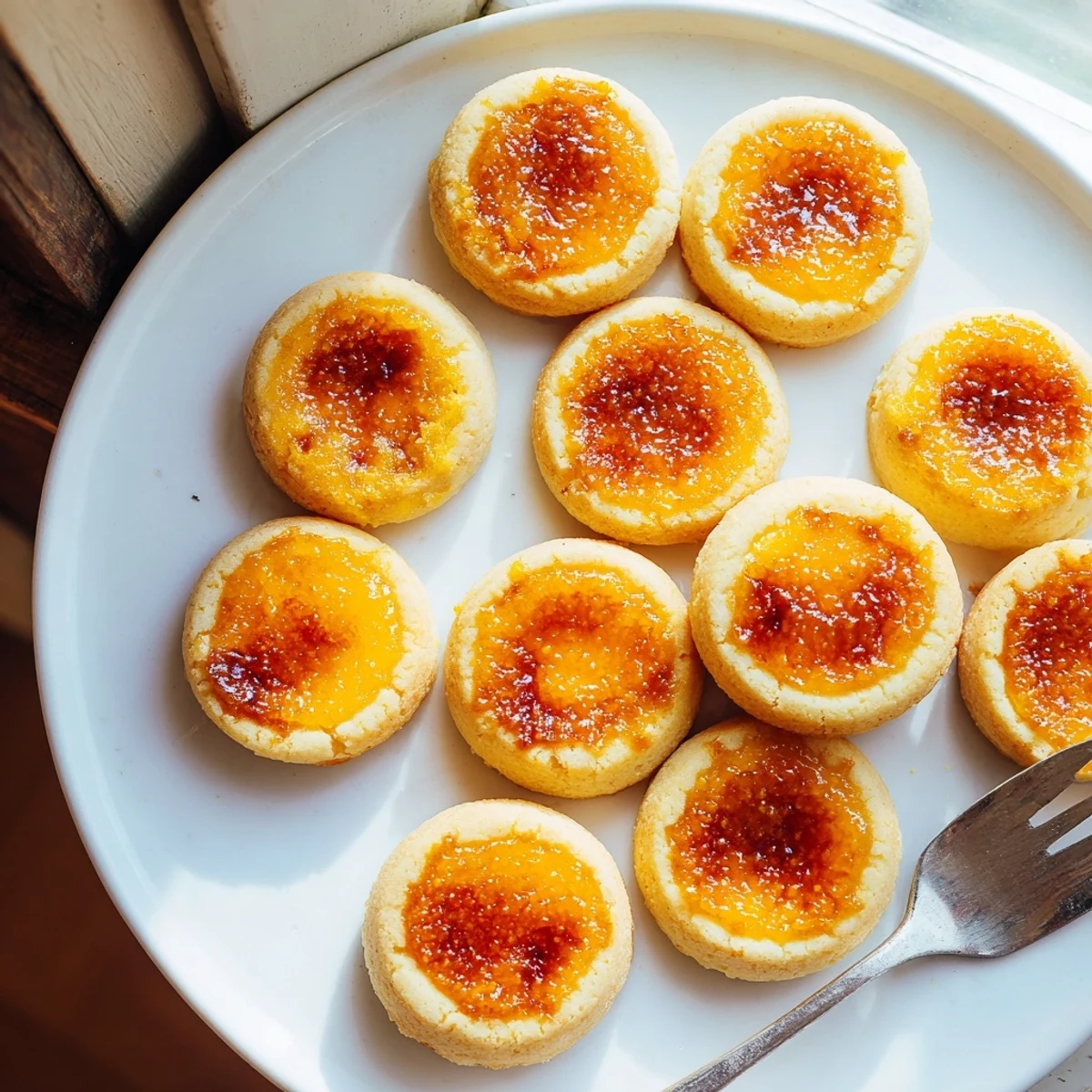 Close-up of crème brûlée shortbread cookies showing crisp caramelized sugar over creamy custard layers