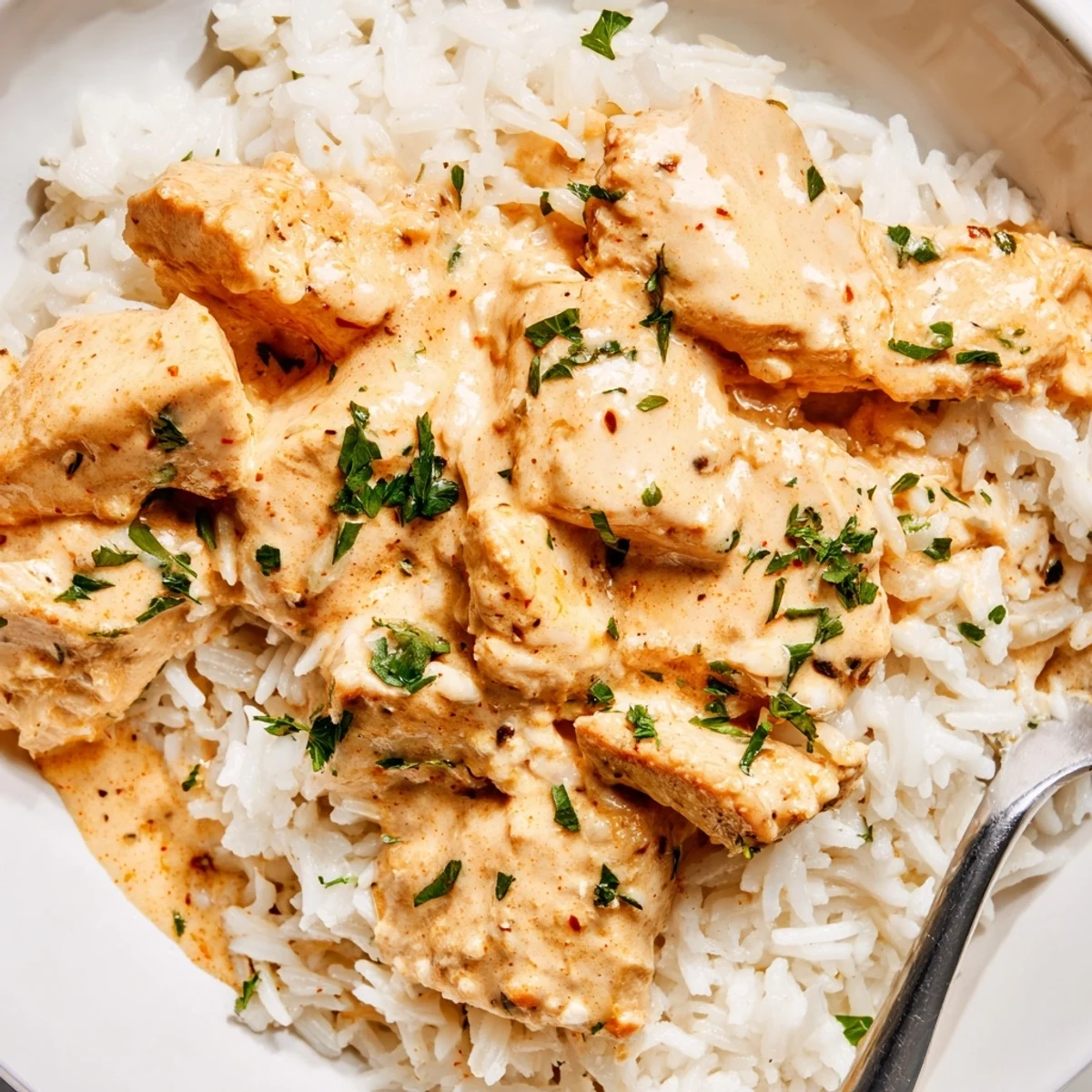Comforting one pot angel chicken rice dinner bubbling with rich cream cheese and garlic