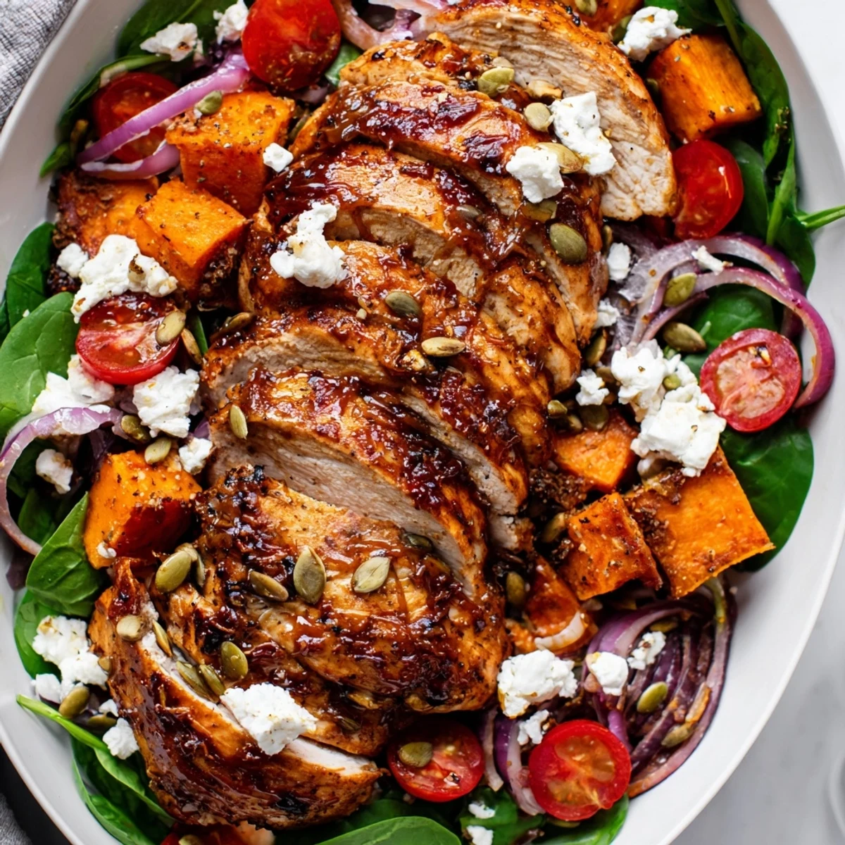 Golden maple Dijon chicken sweet potato bowls topped with fresh spinach and tomatoes