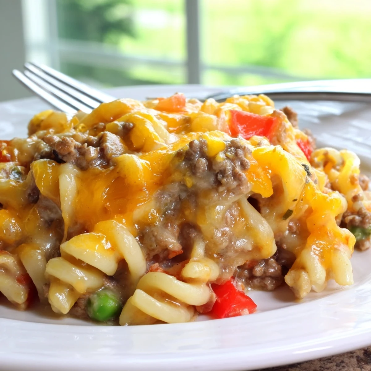 Creamy Cheesy Beef and Noodle Casserole with tender egg noodles in a rich beef sauce
