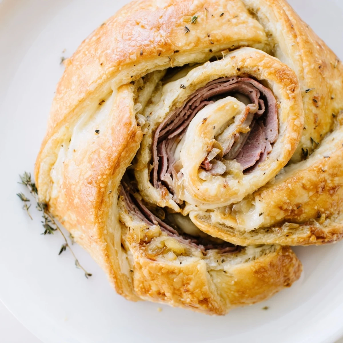 Golden beef and cheese French dip roll ups served with savory au jus dipping sauce on rustic plate