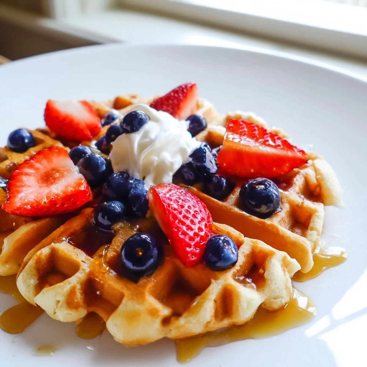 Golden brown Greek yogurt waffles stacked high and drizzled with warm maple syrup